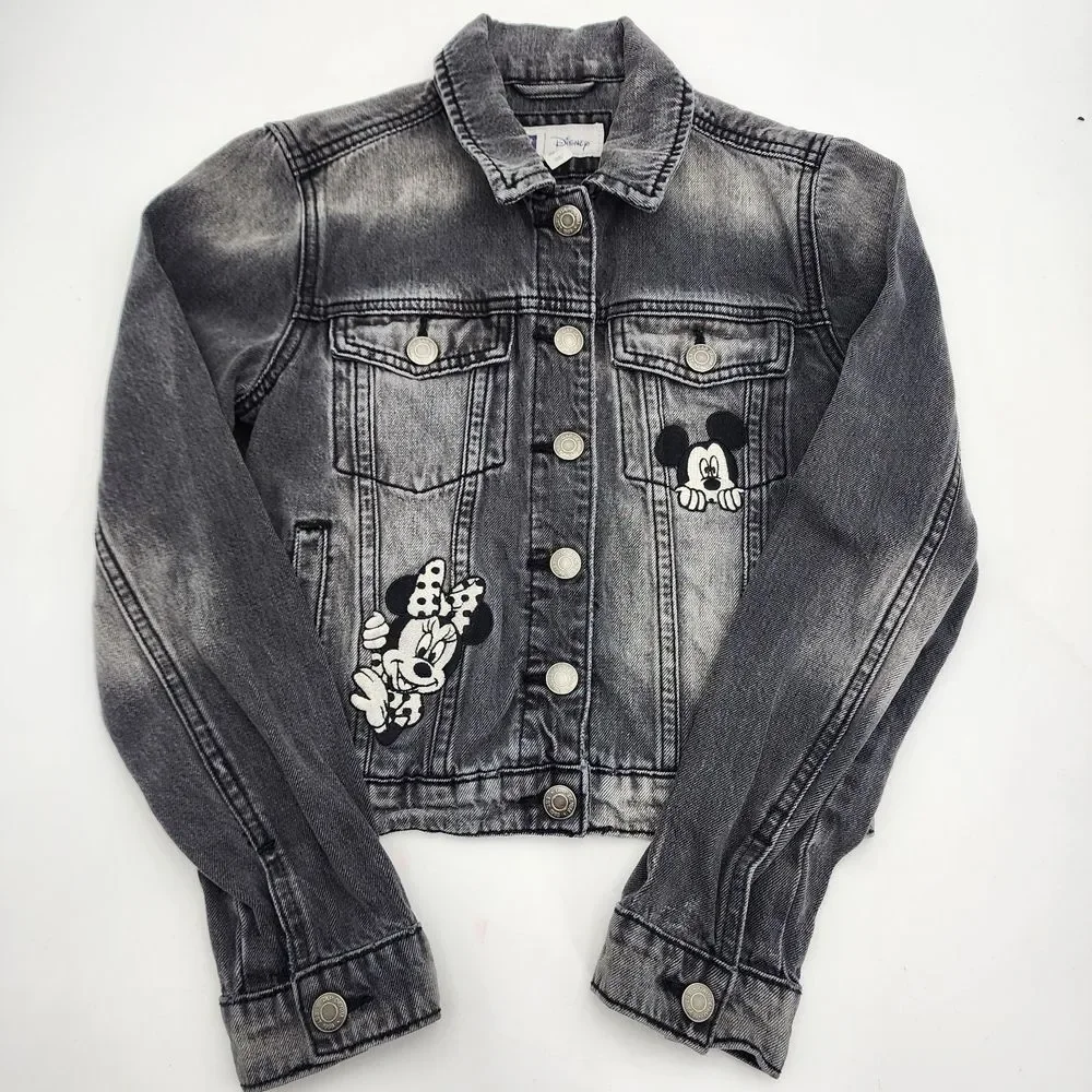 Gap Kids Girls Disney Mickey Minnie Mouse Faded Black Denim‎ Jacket XL
